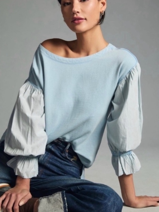 Pilcro Tops - Pilcro Anthropologie Mixed Media Puff Sleeve Sweatshirt in Light Blue Sz Medium